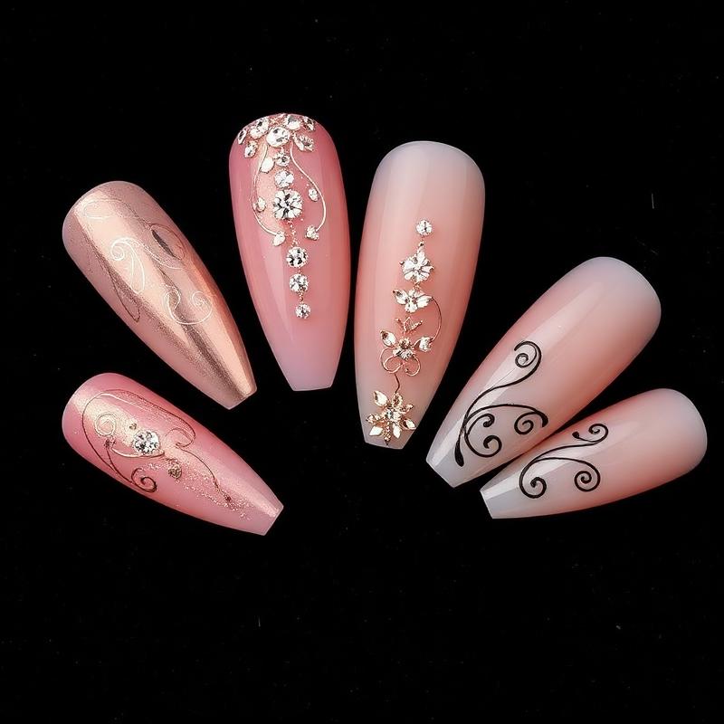 Rose gold foil and rhinestone nail art
