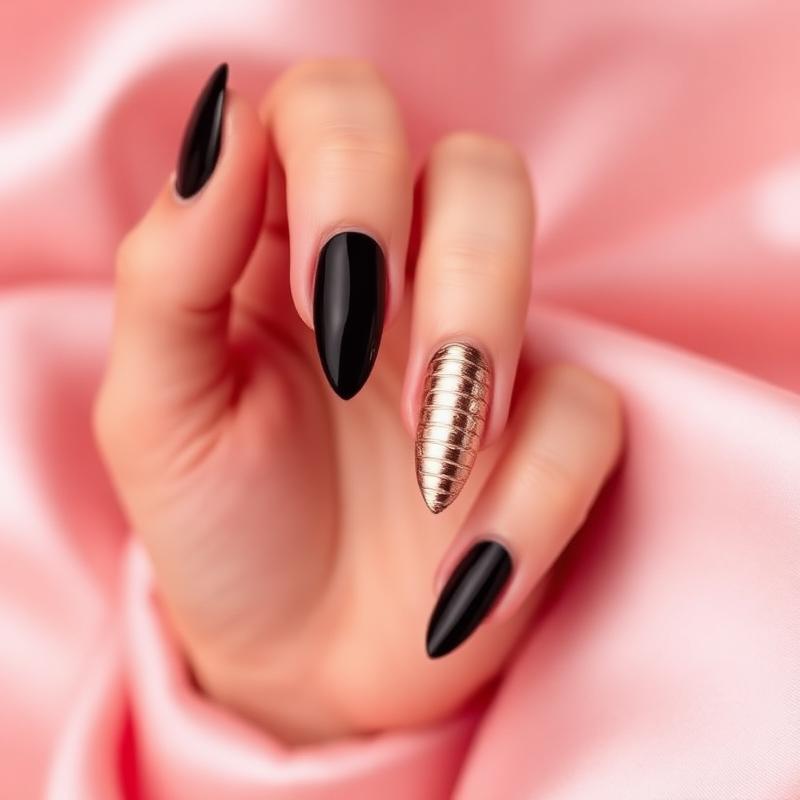Medium almond black nails with rose gold accent