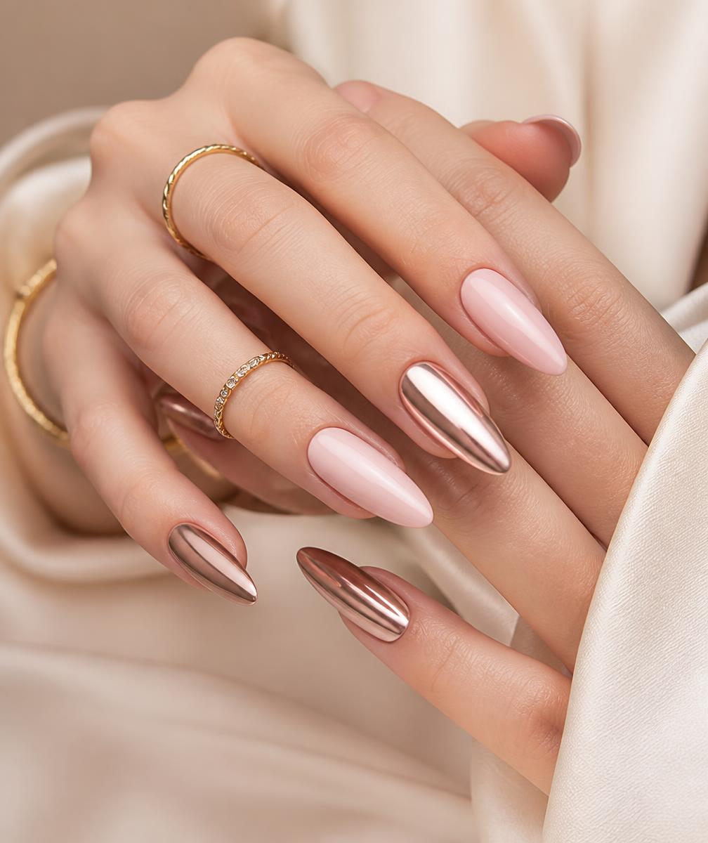 Blush pink and rose gold almond acrylic nail set by Nailed by Nosi